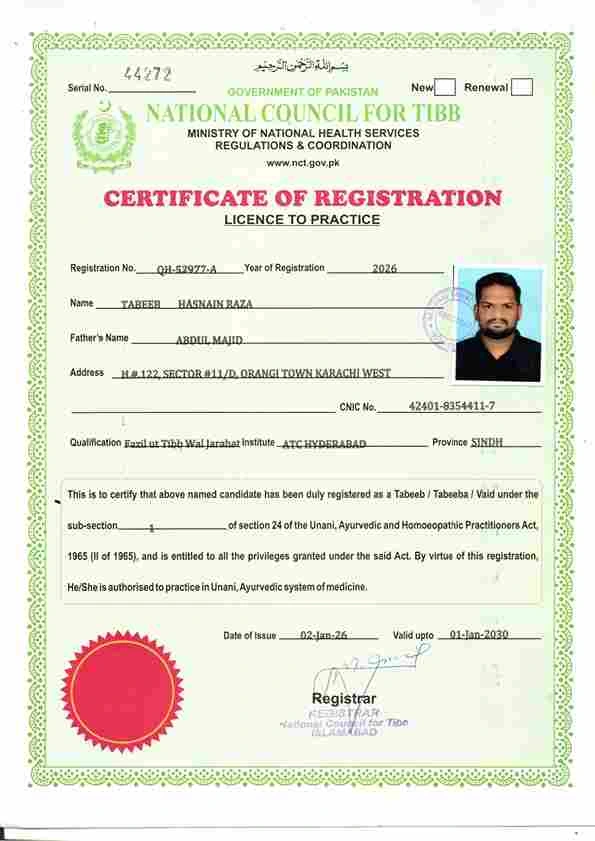 National Council for Tibb Pakistan ka registered Unani practitioner licence certificate