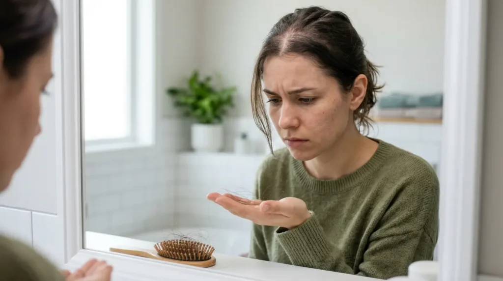 hair fall ka ilaj problem woman holding hair in hand Pakistan
