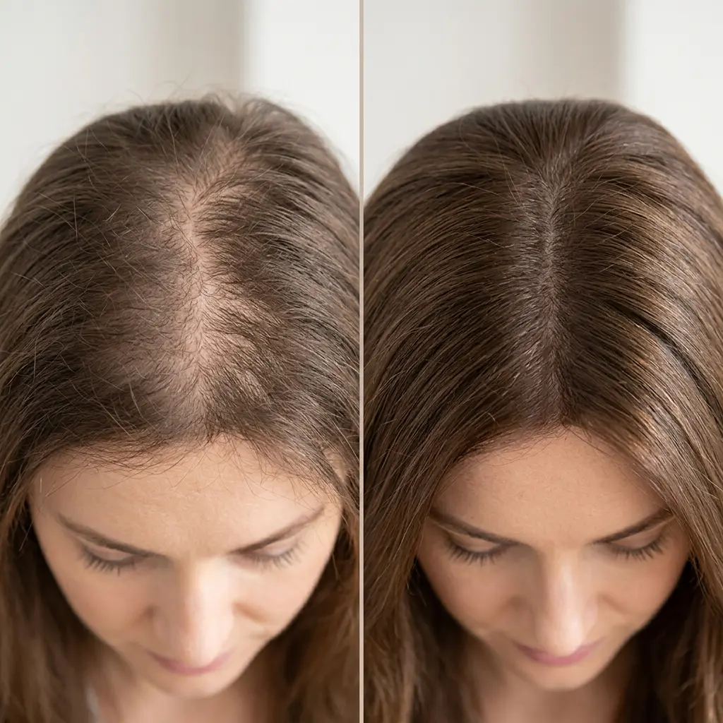 Before and after results showing reduced hair fall and thicker, healthier hair growth