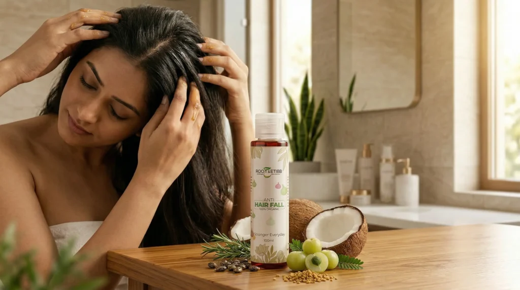 hair fall ka ilaj oiling method with herbal hair oil bottle Pakistan