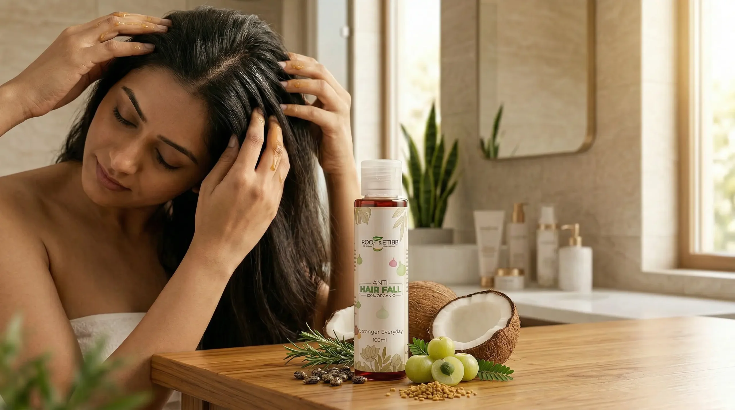 hair fall ka ilaj oiling method with herbal hair oil bottle Pakistan