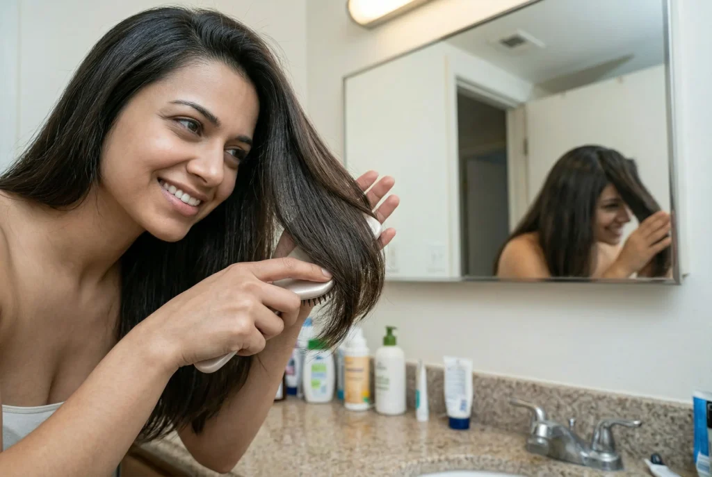 Young woman smiling while checking her smooth, shiny and healthy hair after natural hair care routine