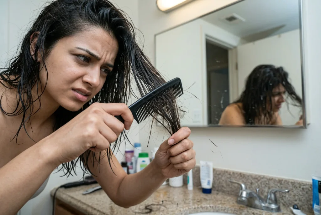 Woman combing wet hair with visible hair breakage and hair fall strands in comb